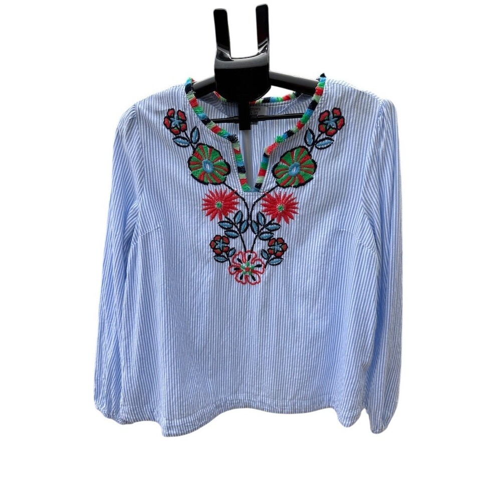 Crown & Ivy Blouse Womens XL Blue White Striped Embroidered Peasant Tunic